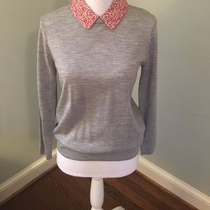 NWOT J Crew Gray Sweater with Red Floral Collar